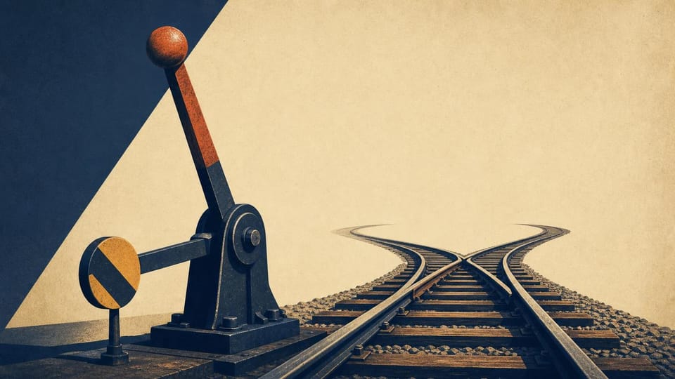 Railway switch set before a single fork in the track.