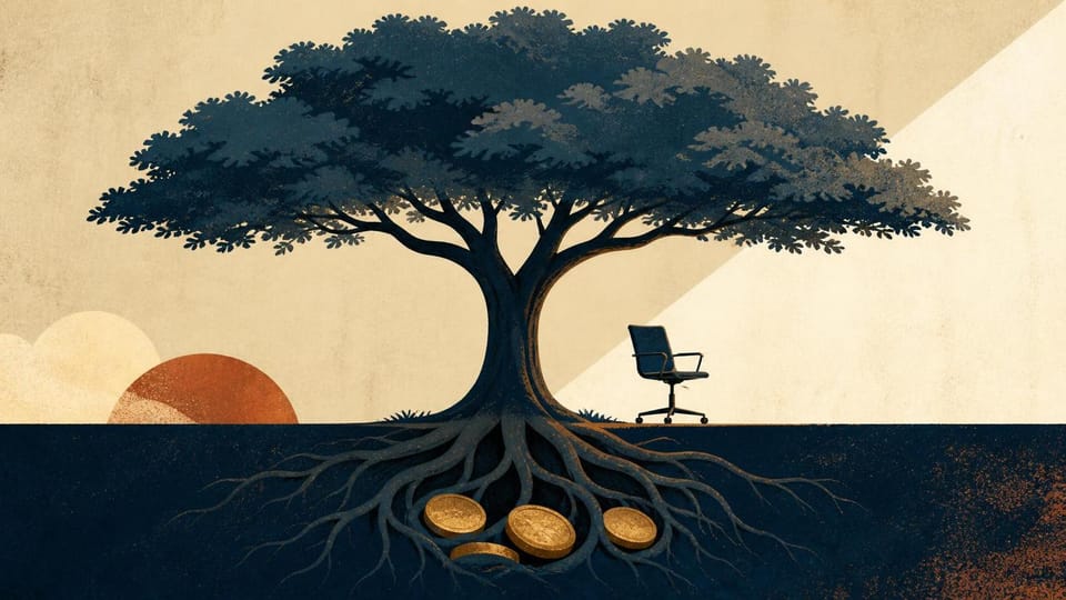 Tree with economic value at its roots and a work chair sheltered by its canopy.