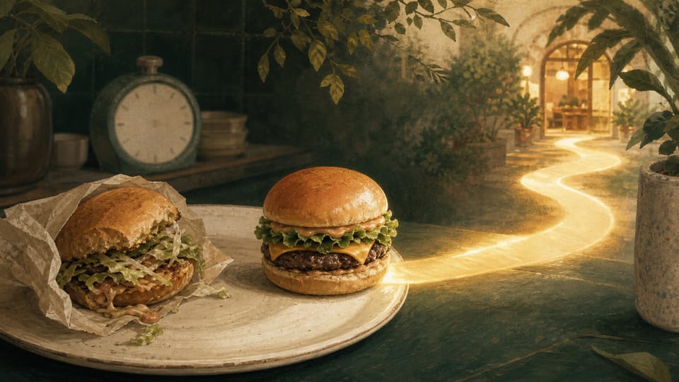 A fresh burger replaces a flawed meal beside a small bridge leading toward a future restaurant visit.
