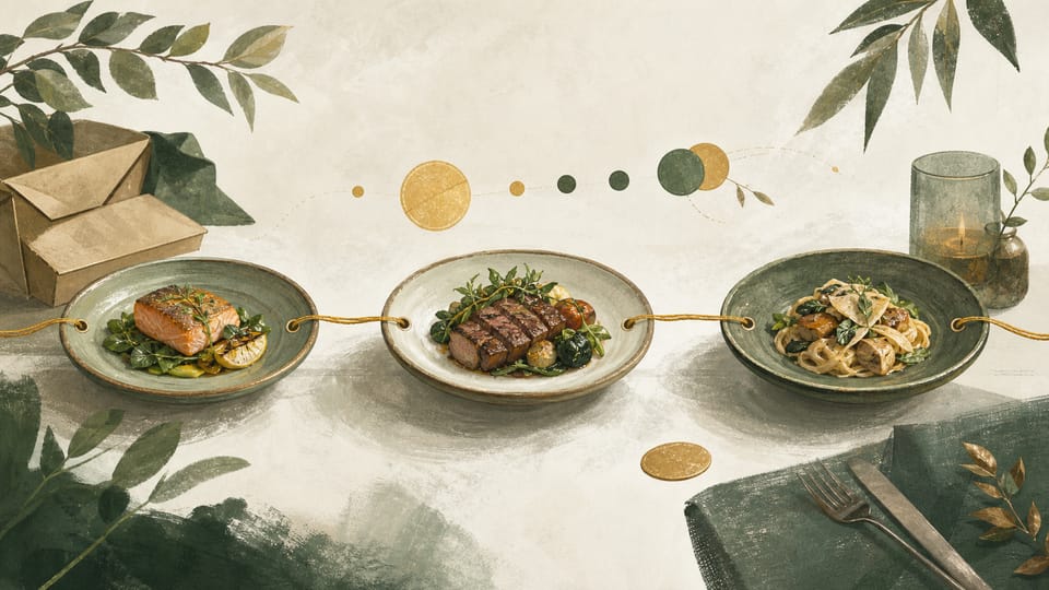 A continuous thread links a replaced meal with two later restaurant visits.