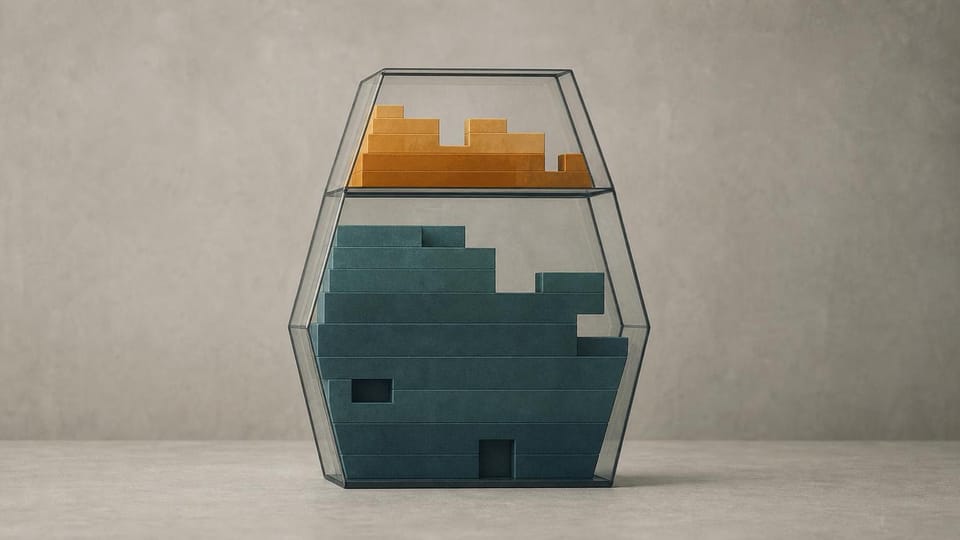 A geometric vessel with separate chambers for membership and merchandise contribution.