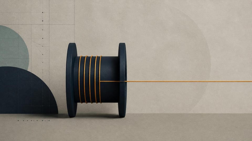 A finite tether unwinds from a spool wrapped with recurring loops.