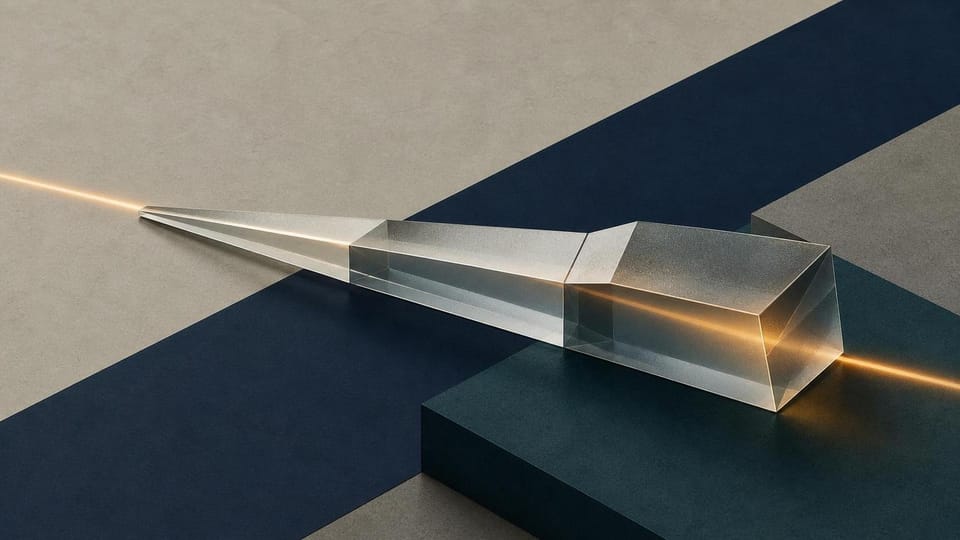 A single prism with light, medium, and heavy thickness zones refracting an amber beam.