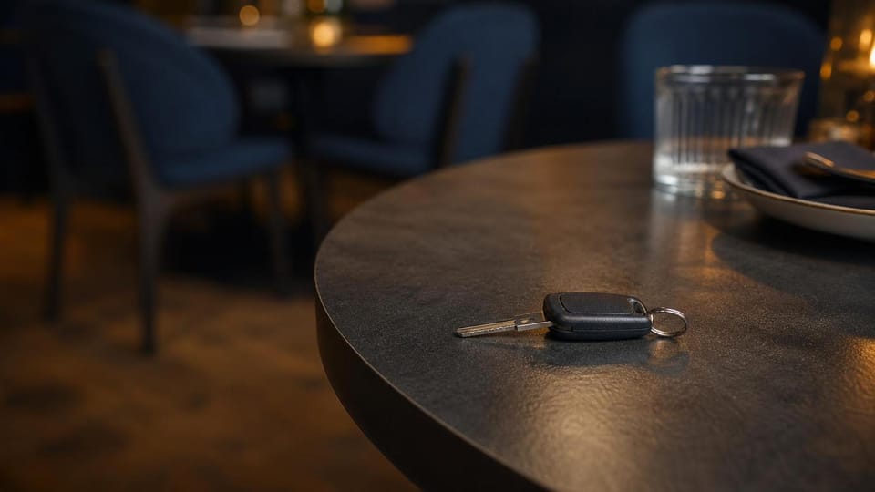 Car key on a restaurant table with group seating behind.