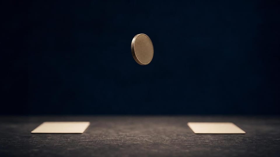 Plain coin tossed above two identical blank booking cards.