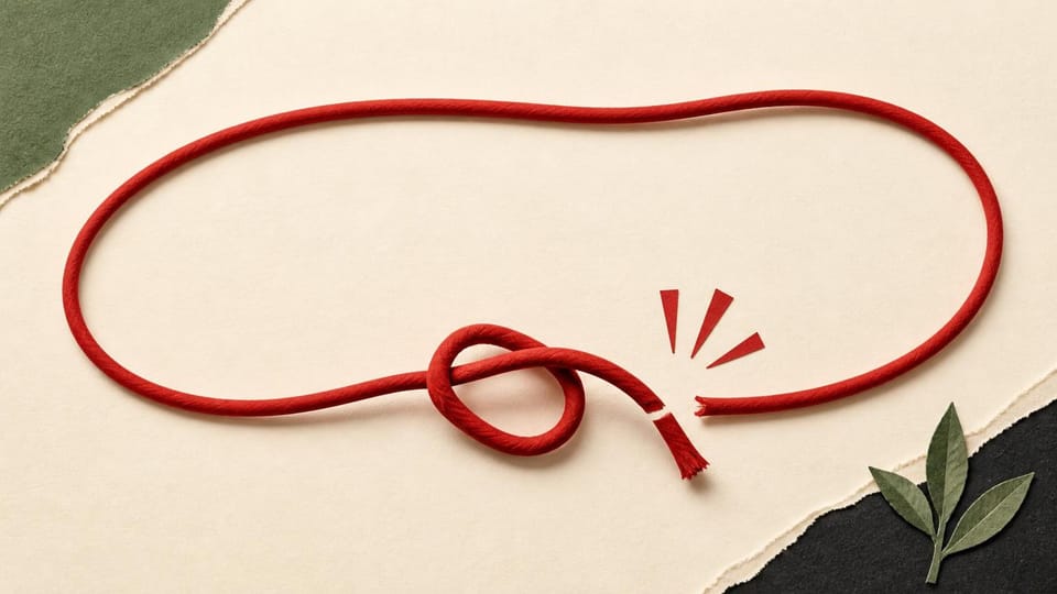 A looped red cord with its only knot coming undone.