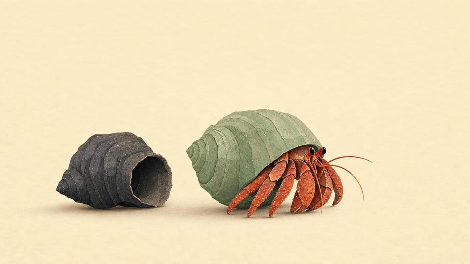 A hermit crab in a new shell beside its vacated shell.