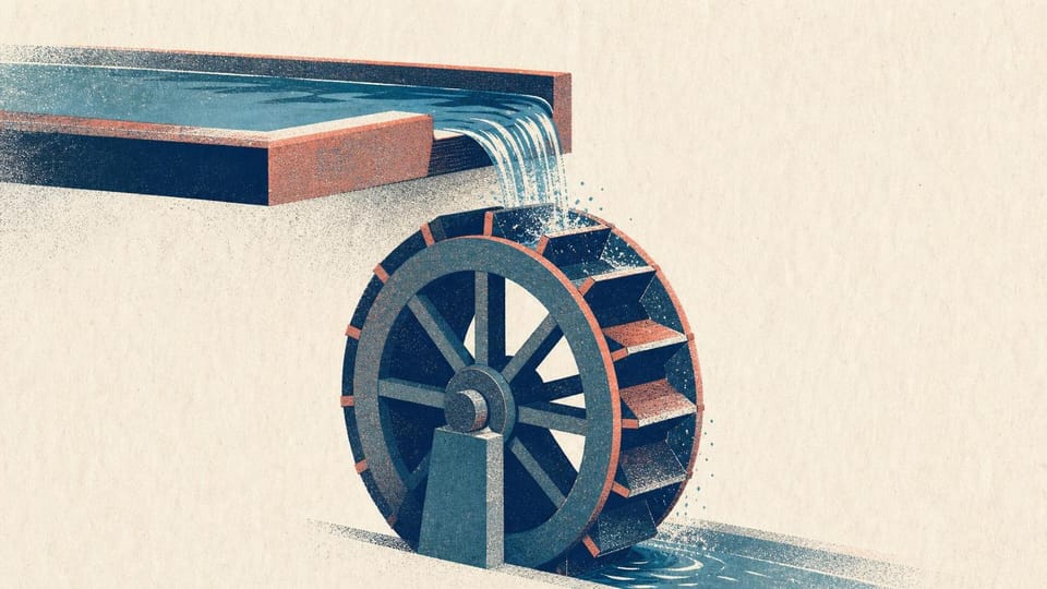 Waterwheel powered only by surplus water above a reservoir lip.