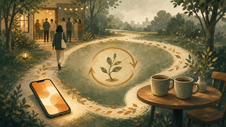 A looping path connects a phone, café table, and recurring social gathering.