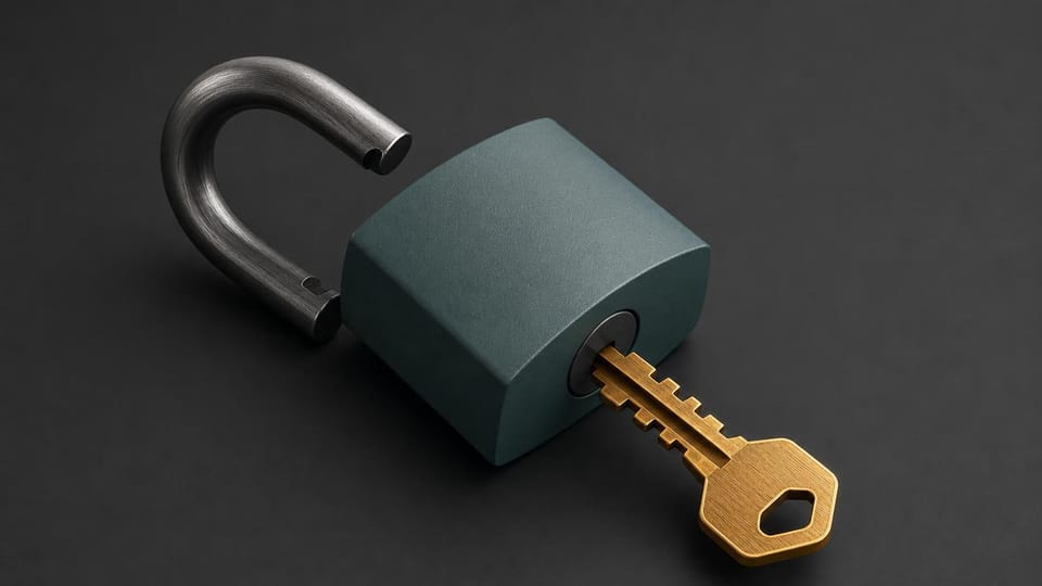 Notched amber key opening a muted-teal lock for proven customer value.
