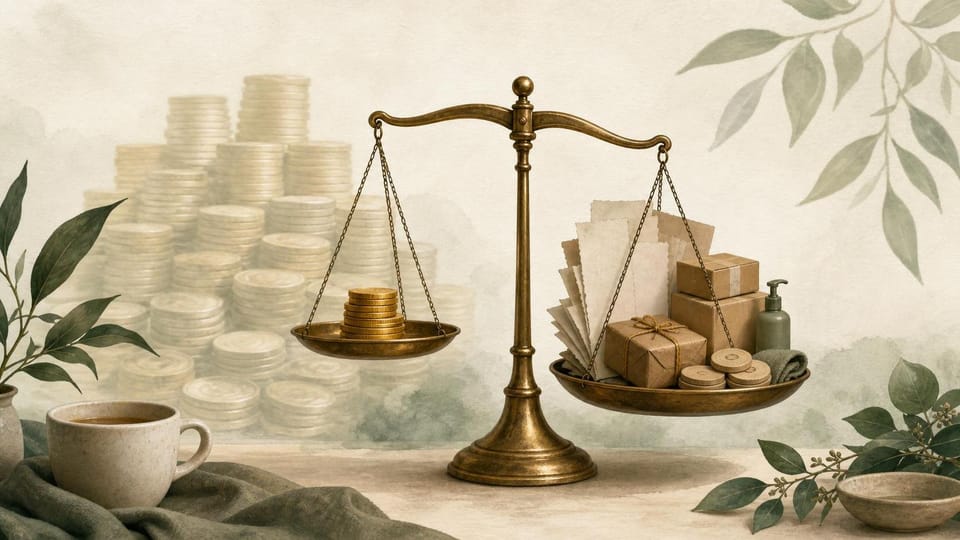 Balance scale weighing incremental gold coins against fulfillment costs, with existing sales fading behind.