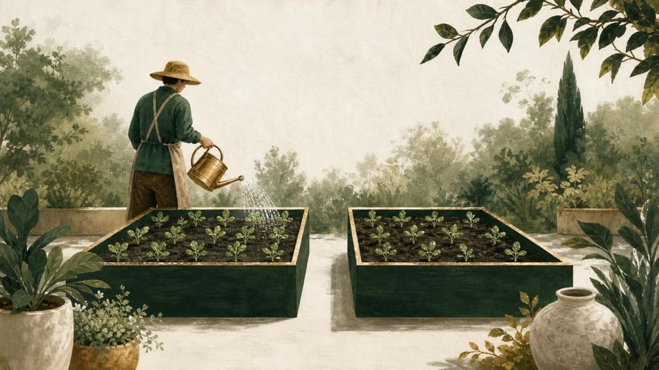 Two balanced seedling beds, with only one receiving special gold-colored watering.