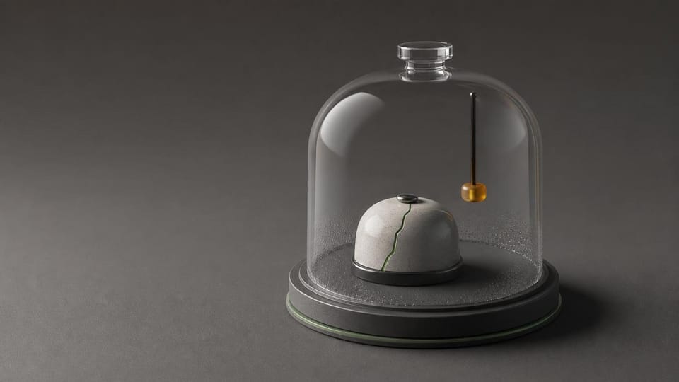 A green-mended bell cools beneath a glass cloche before its striker returns.