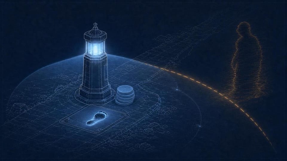 A pathway beacon activated by a fresh footprint protects reward tokens from an amber shadow.