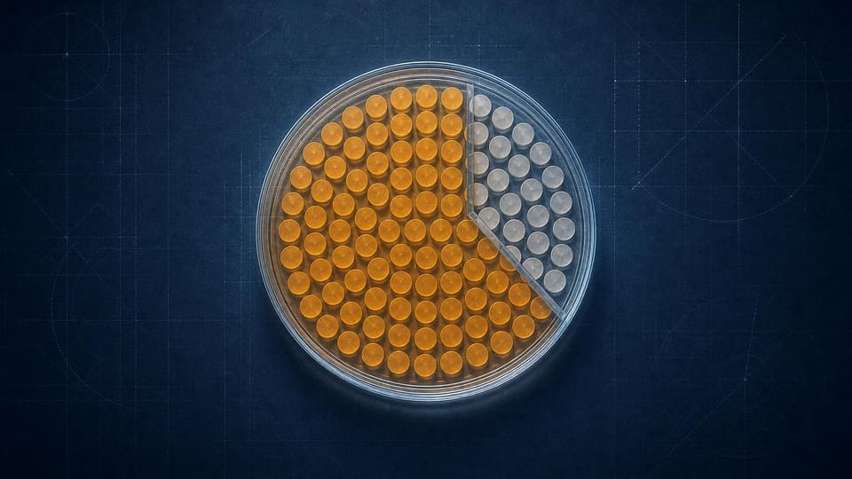 A laboratory assay dish preserves a small untreated token group beside an amber-treated field.