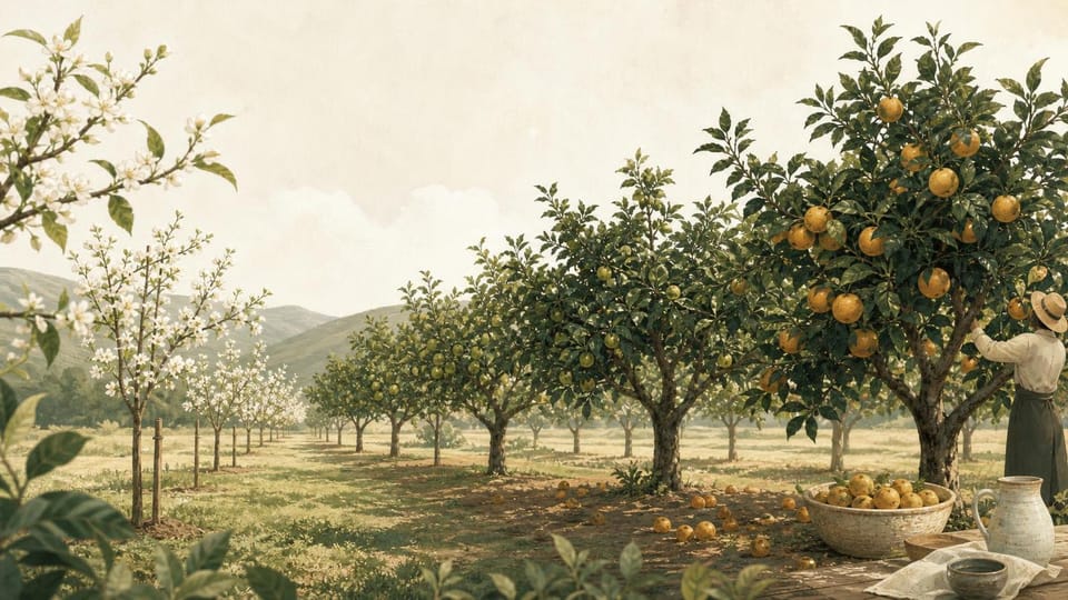 Orchard rows at different maturity stages, with ripe fruit harvested and fallen fruit only beneath the oldest trees.