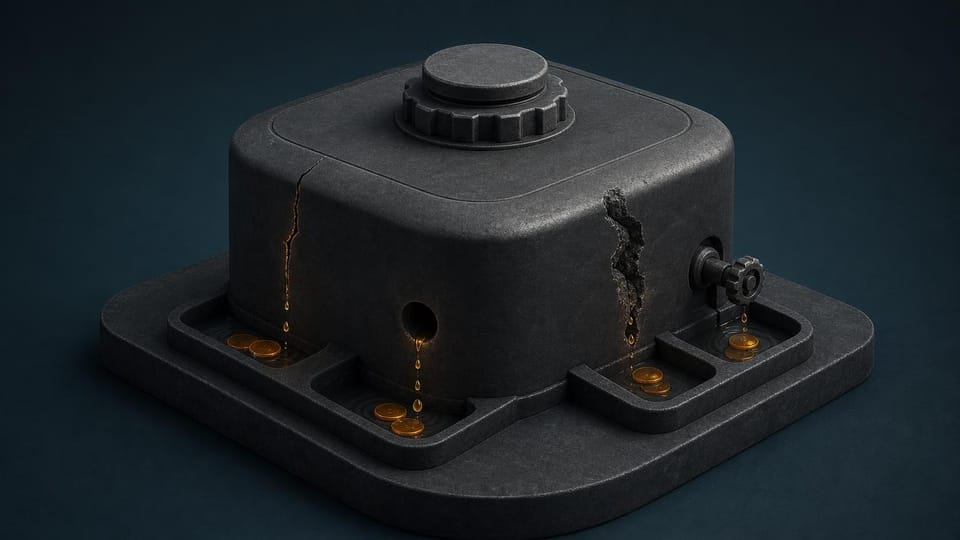 Four distinct leaks releasing amber reward tokens from a compact reservoir.