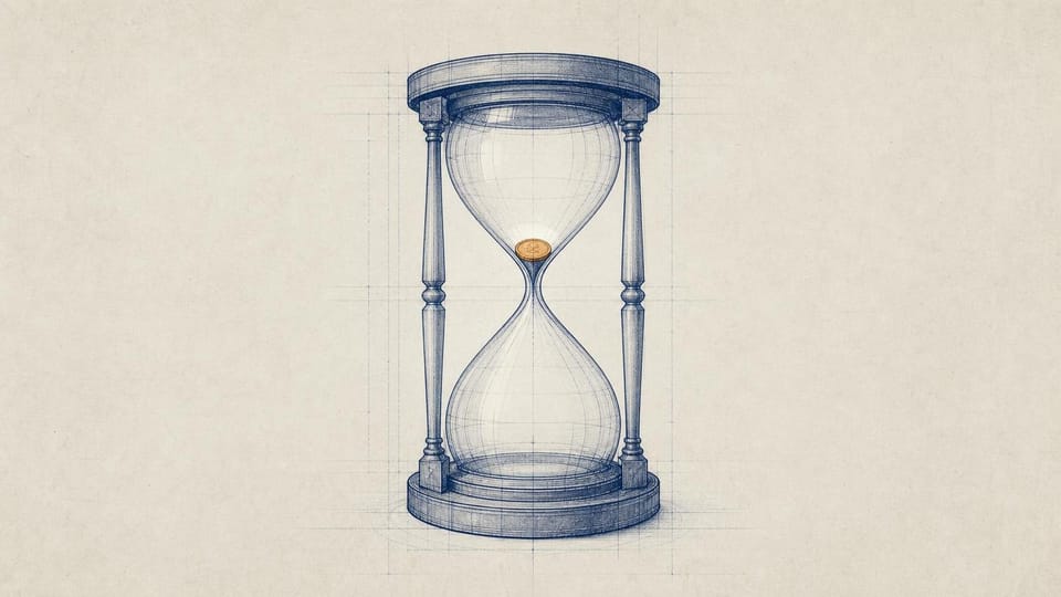 Blueprint-style hourglass with a coin stranded above its narrow neck.
