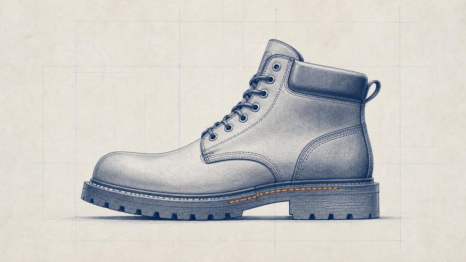 Blueprint-style work boot with a carefully repaired sole and amber stitch.