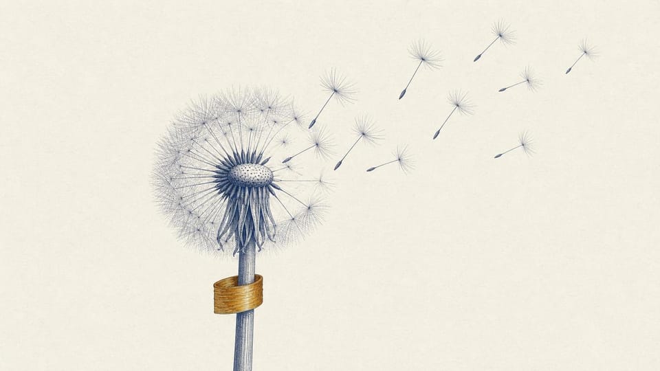 Blueprint-style dandelion dispersing seeds while an amber band marks its stem.