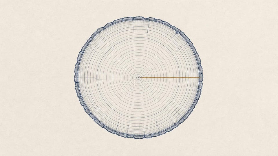 Blueprint-style tree cross-section with an amber seam spanning every growth ring.