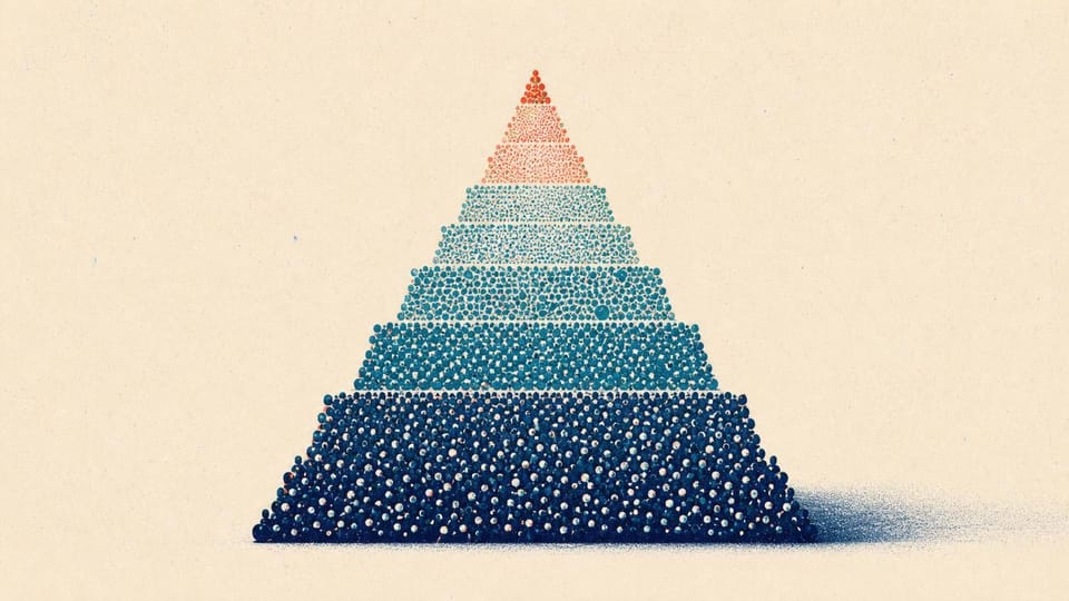 Stepped pyramid of customer dots narrowing into higher spend tiers.