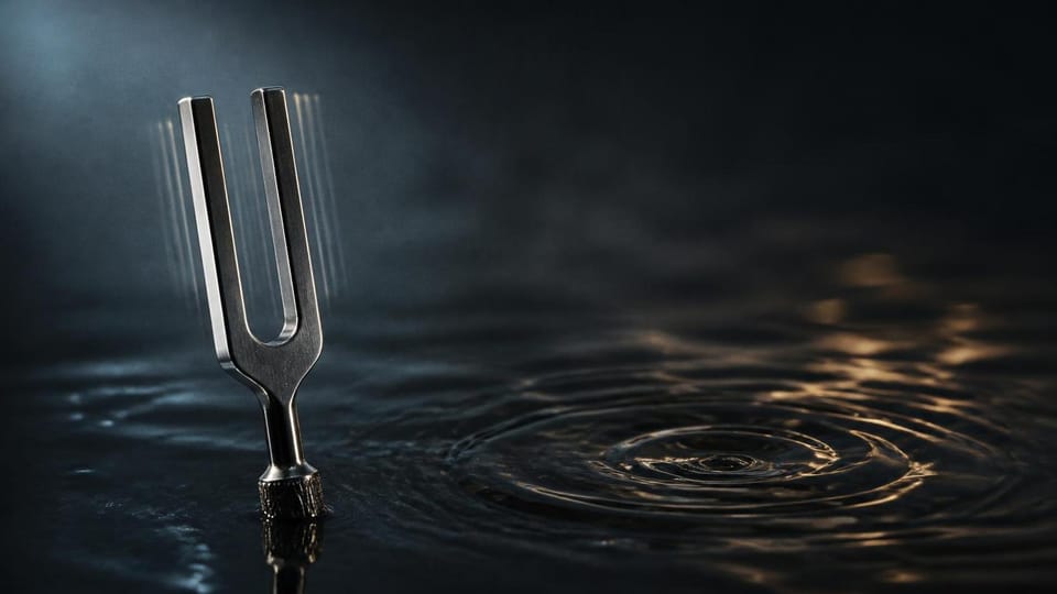 A vibrating tuning fork creating ripples on a dark liquid surface.