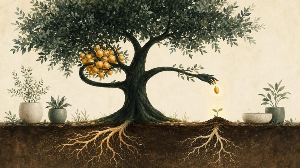 Tree with one branch spreading seeds outward and another producing recurring fruit.