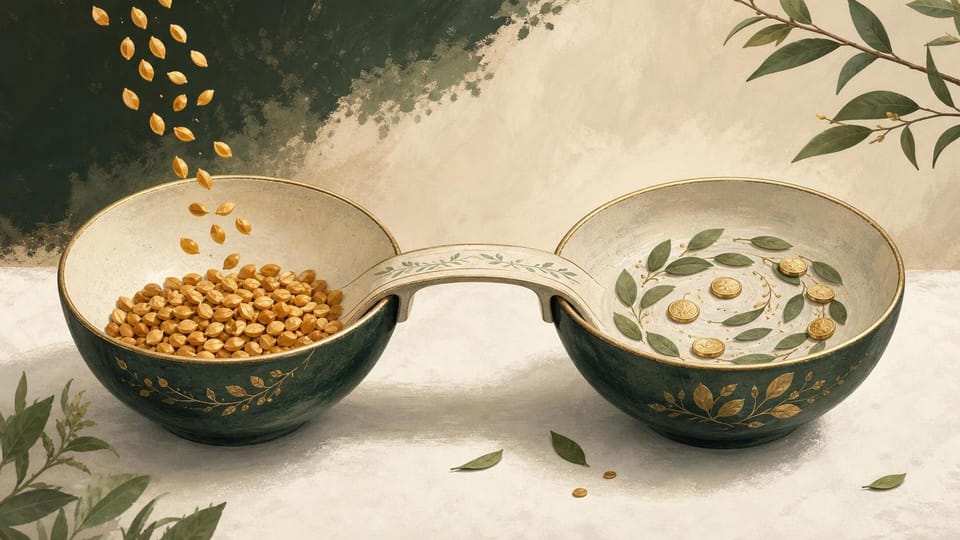 Two separate ceramic bowls linked by a small bridge while their contents remain distinct.