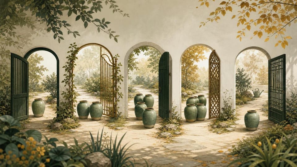 Identical ceramic vessels pass together through five garden gates, forming uneven groups.