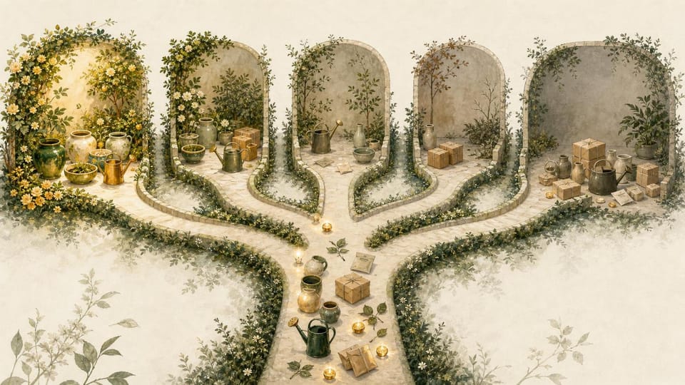 A branching garden path sorts varied objects into five separate alcoves with no overlap.