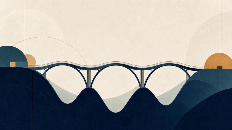 Geometric bridge extending across three complete wave-shaped valleys.