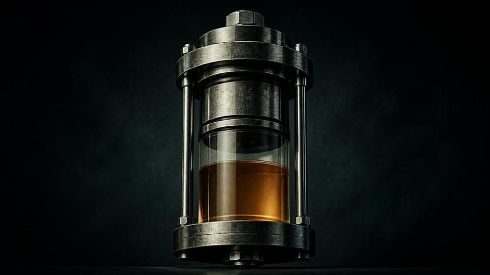 Hydraulic accumulator holding amber fluid under pressure as a metaphor for funded loyalty reserves.