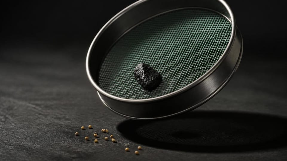 Fine metal sieve catching one irregular fragment while uniform pellets pass through.