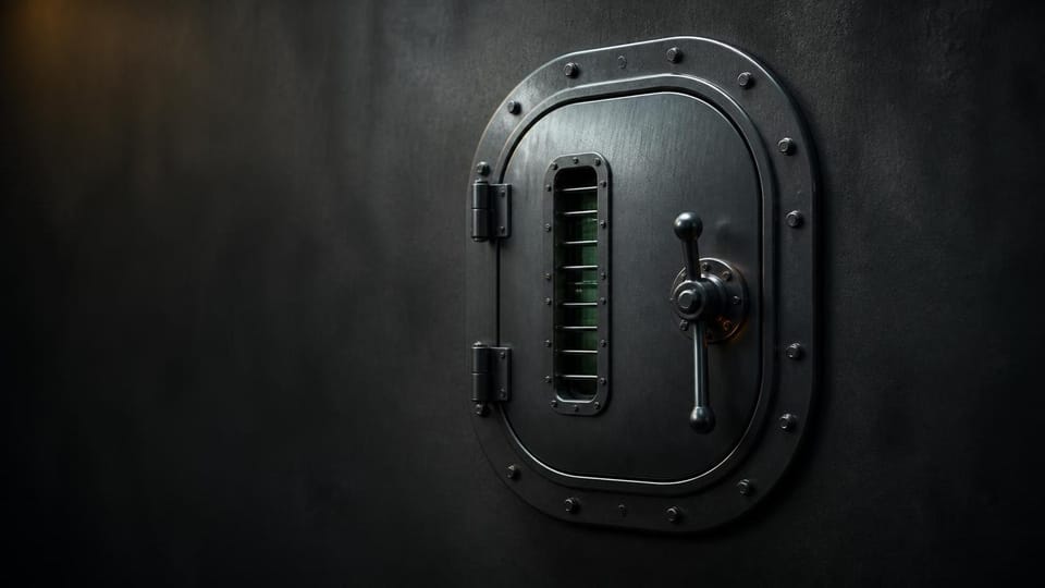 Sealed bulkhead hatch with a narrow pass-through and accessible release handle.