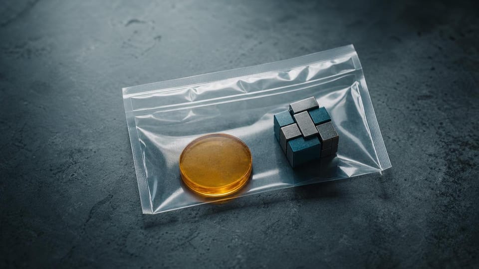 Sealed evidence pouch holding a payment token and completed test object.