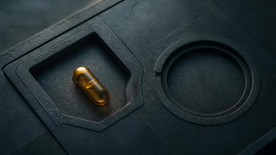 Amber reward capsule isolated in a slate quarantine dock.