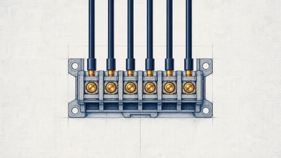Blueprint-style terminal block with every cost wire securely assigned to an amber contact.