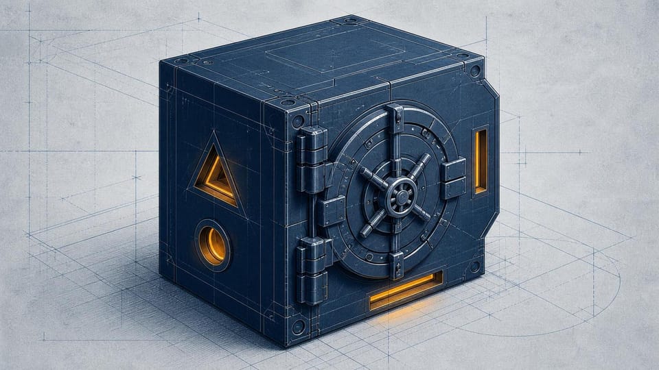 Faceted blueprint data vault allowing amber light through limited purpose-shaped openings.