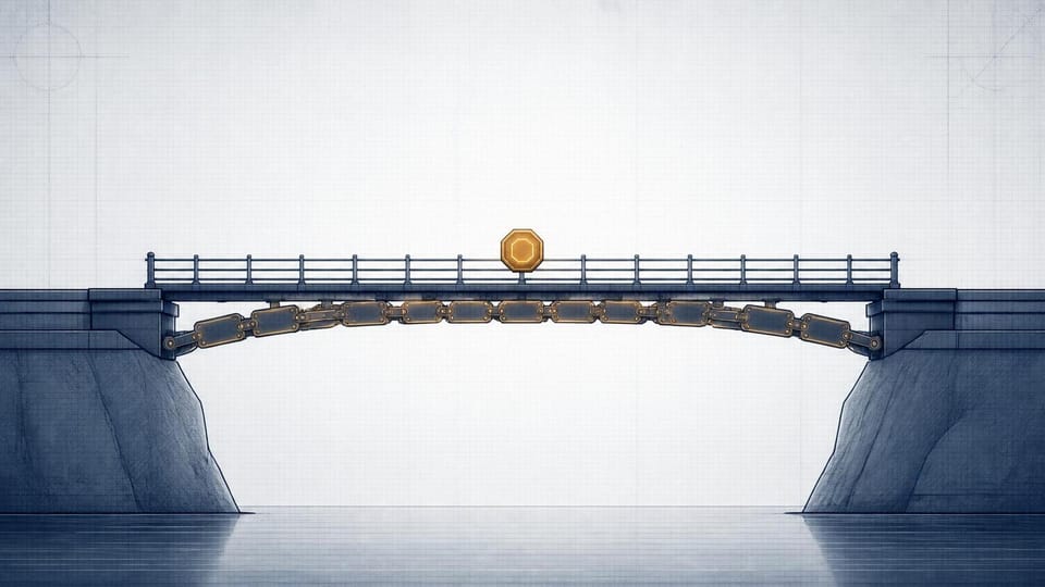 Blueprint bridge carrying one amber redemption token on linked transaction records.
