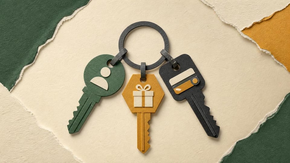 Three distinct keys on one ring represent purchaser, recipient, and gift card identities.