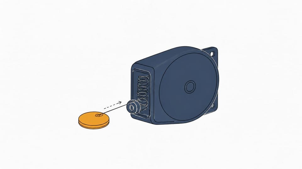 Spring-loaded reel retracting an amber disc until a fixed stopper.