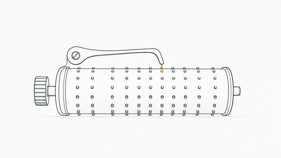 Pinned music-box cylinder activating a decision lever.