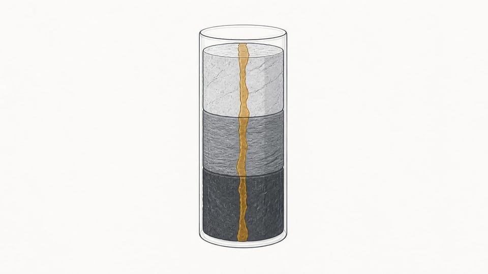 Three-layer core sample aligned around one amber inclusion.