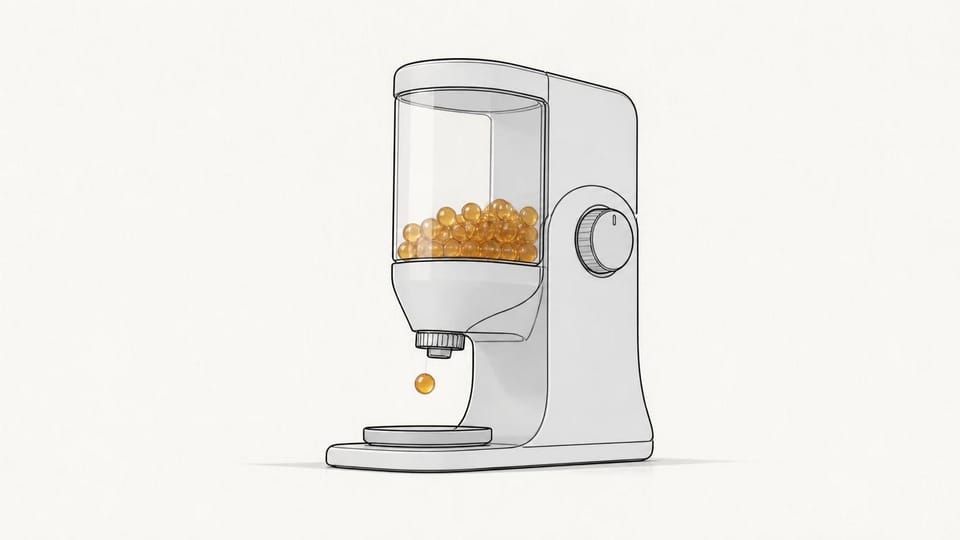 Precision dispenser releasing one amber bead from a secure reservoir.