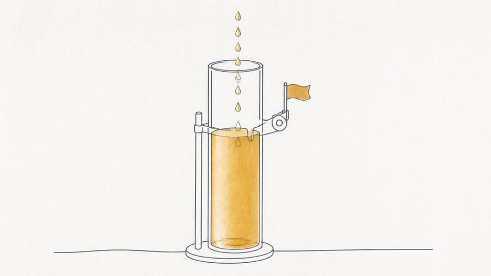 Glass gauge of amber droplets reaching an escalation notch.