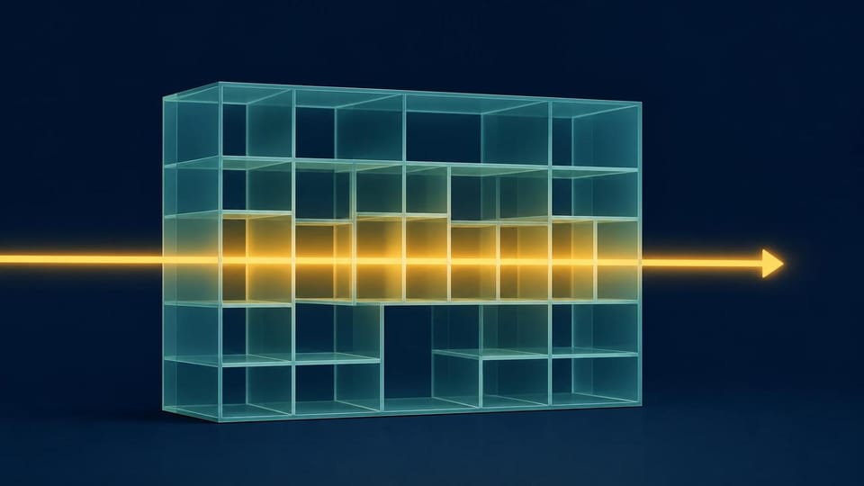 Transparent compartmented archive block fully illuminated by a scanning beam.