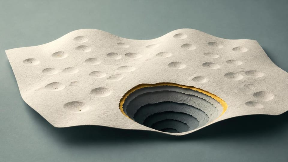 Smooth paper relief interrupted by one unusually deep crater.
