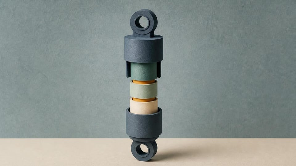 Layered paper shock absorber compressing in controlled stages.