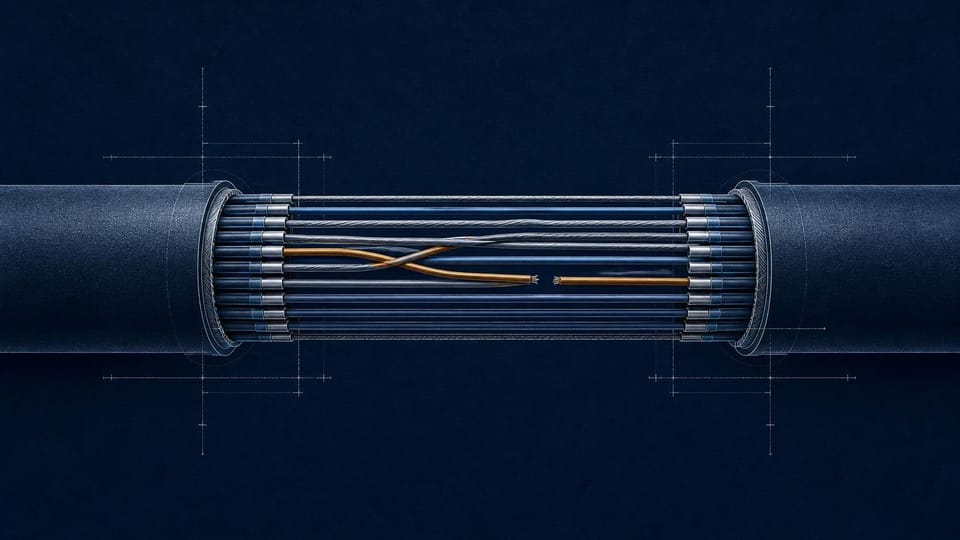 Cutaway cable with one crossed amber strand and one broken strand.